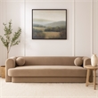 Benjara Foxo Retro Sofa- 2 Accent Pillows- Padded Camel Brown Velvet- 99 Inch