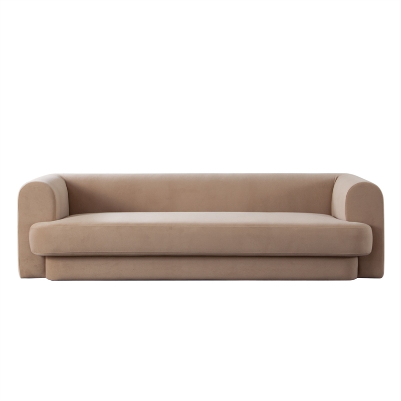 Benjara Foxo Retro Sofa- 2 Accent Pillows- Padded Camel Brown Velvet- 99 Inch