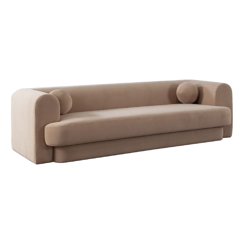 Benjara Foxo Retro Sofa- 2 Accent Pillows- Padded Camel Brown Velvet- 99 Inch