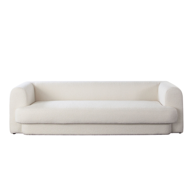 Benjara Foxo Retro Sofa- 2 Accent Pillows- Padded Ivory Velvet- 99 Inch
