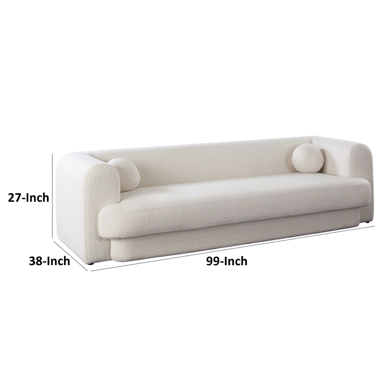 Benjara Foxo Retro Sofa- 2 Accent Pillows- Padded Ivory Velvet- 99 Inch
