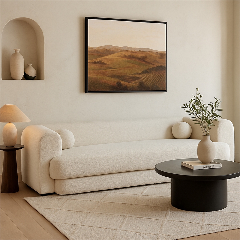 Benjara Foxo Retro Sofa- 2 Accent Pillows- Padded Ivory Velvet- 99 Inch