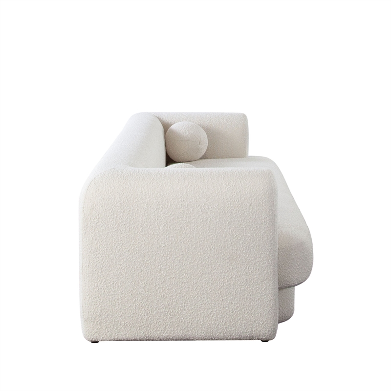 Benjara Foxo Retro Sofa- 2 Accent Pillows- Padded Ivory Velvet- 99 Inch