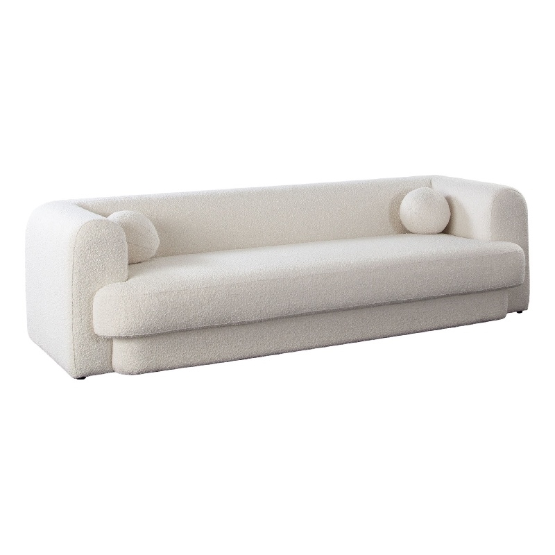 Benjara Foxo Retro Sofa- 2 Accent Pillows- Padded Ivory Velvet- 99 Inch