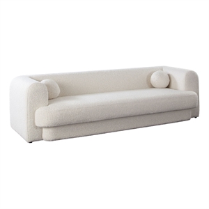Benjara Foxo Retro Sofa- 2 Accent Pillows- Padded Ivory Velvet- 99 Inch