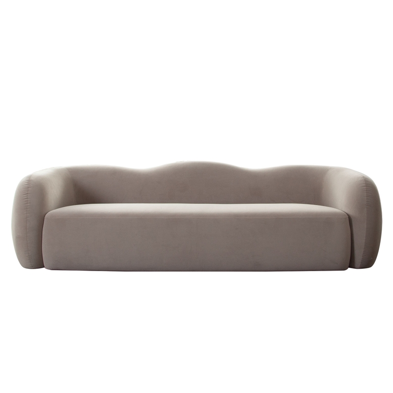Benjara Moe Sofa in Taupe Performance Velvet- Scalloped Backrest- 97 Inch
