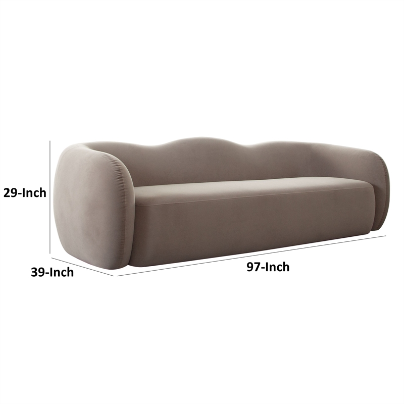 Benjara Moe Sofa in Taupe Performance Velvet- Scalloped Backrest- 97 Inch