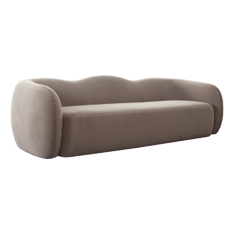 Benjara Moe Sofa in Taupe Performance Velvet- Scalloped Backrest- 97 Inch
