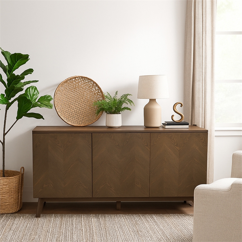 Benjara Cid Estele Sideboard Buffet Server Cabinet- 3 Door- Wenge Brown Wood 71