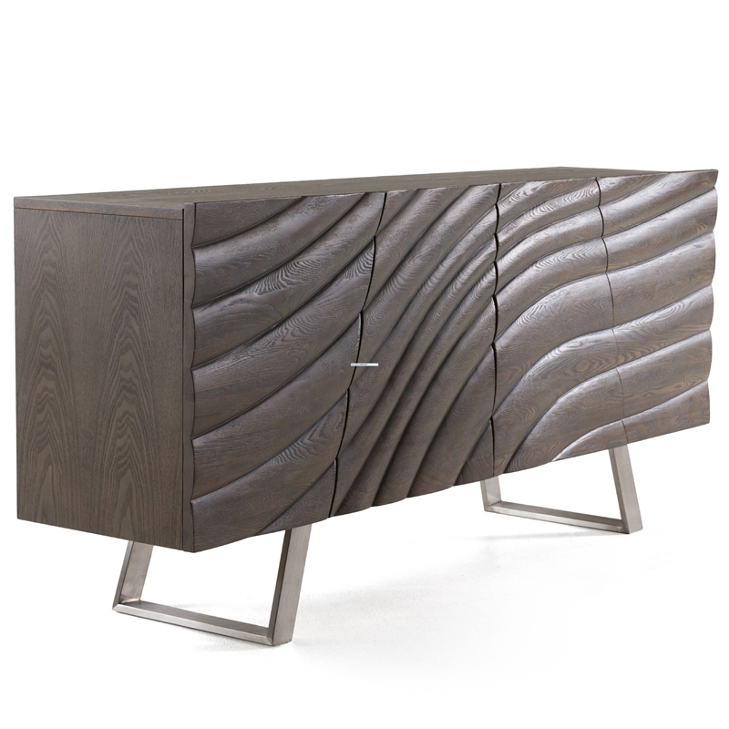 Benjara Cid Finn Sideboard Buffet Server Cabinet- 4 Door- Gray- Silver 71 Inch