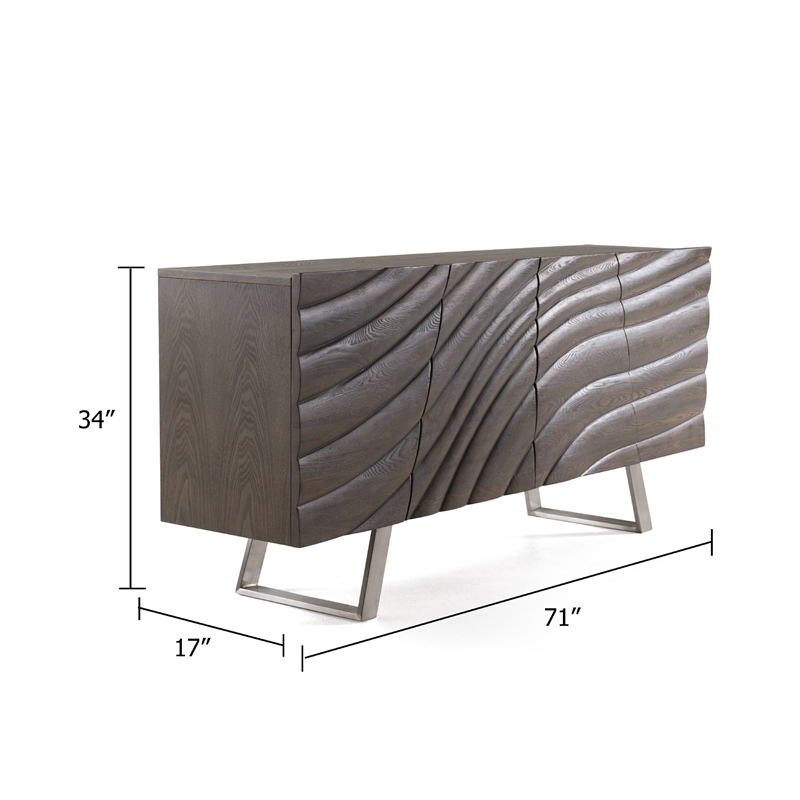 Benjara Cid Finn Sideboard Buffet Server Cabinet- 4 Door- Gray- Silver 71 Inch