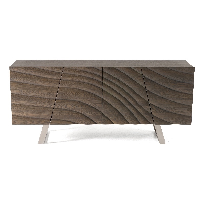 Benjara Cid Finn Sideboard Buffet Server Cabinet- 4 Door- Gray- Silver 71 Inch