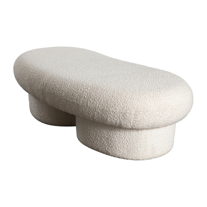 Benjara Curved Accent Bench- Solid Wood Frame- Soft Ivory Boucle Upholstery- 59