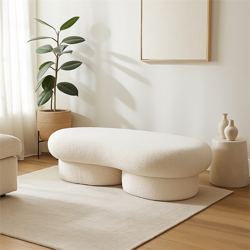 Benjara Curved Accent Bench- Solid Wood Frame- Soft Ivory Boucle Upholstery- 59