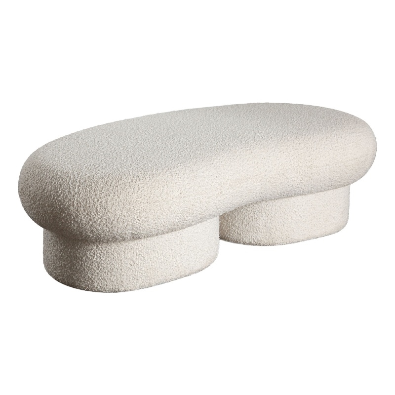 Benjara Curved Accent Bench- Solid Wood Frame- Soft Ivory Boucle Upholstery- 59