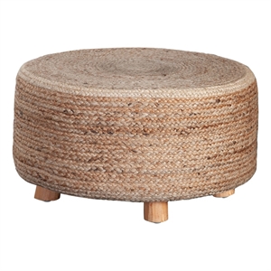 Benjara Accent Stool- 25 Inch- Round Natural Brown Jute Seat- Wood Legs
