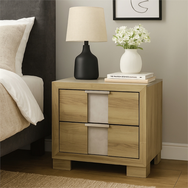 Benjara Amey Nightstand with 2 Drawers- White Trim and Driftwood Brown Finish