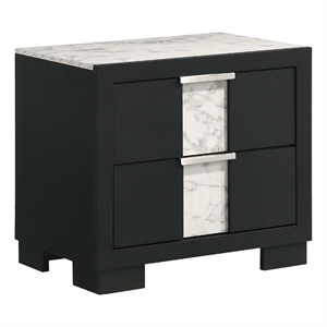 Benjara Amey 2 Drawer Nightstand- White Marble Trim- Black Wood