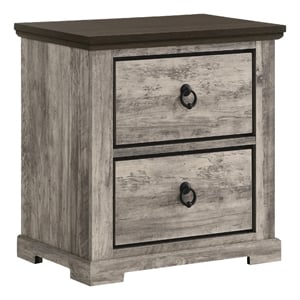 Benjara Elaya Nightstand with 2 Drawers- Black Metal- Weathered Gray Wood