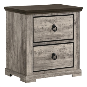 Benjara Elaya Nightstand with 2 Drawers- Black Metal- Weathered Gray Wood