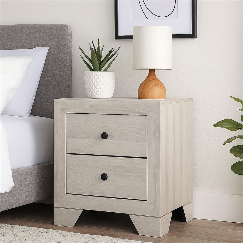 Benjara Cuzzy Nightstand with 2 Drawers- Black Metal- Natural White Wood
