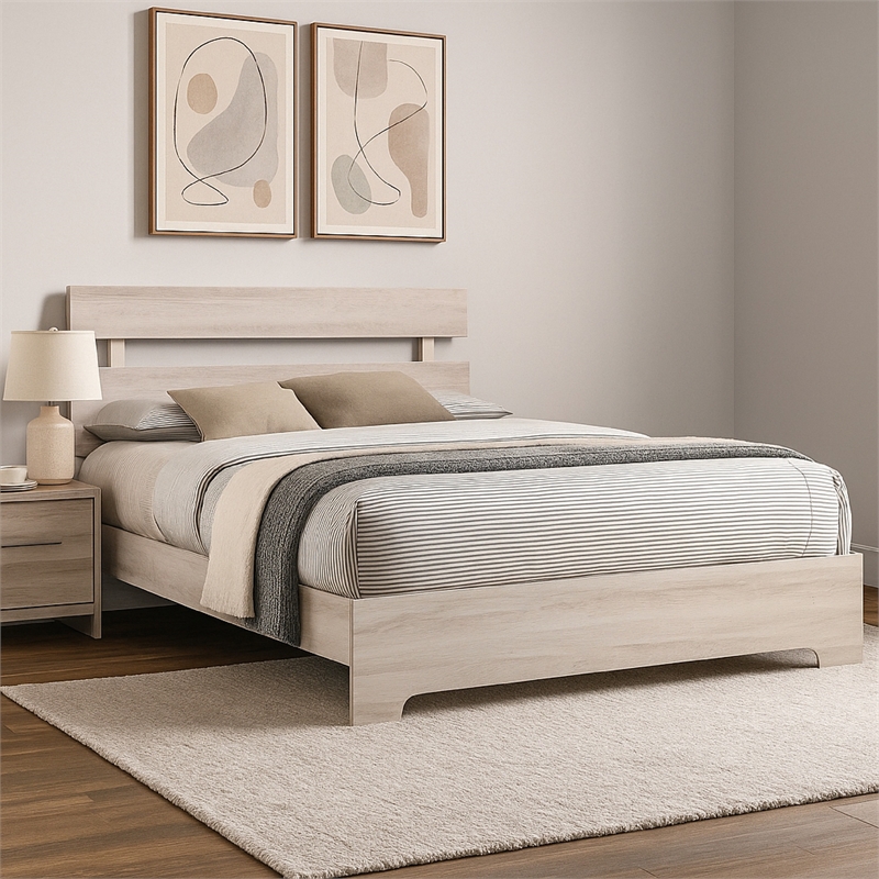 Benjara Cuzzy Full Platform Bed with Panel Headboard- Low Profile White Wood