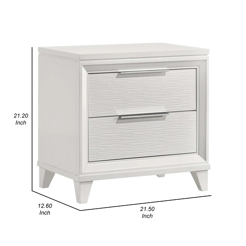 Benjara Ressy Nightstand with 2 Drawer- Silver Metal- Contemporary White Wood