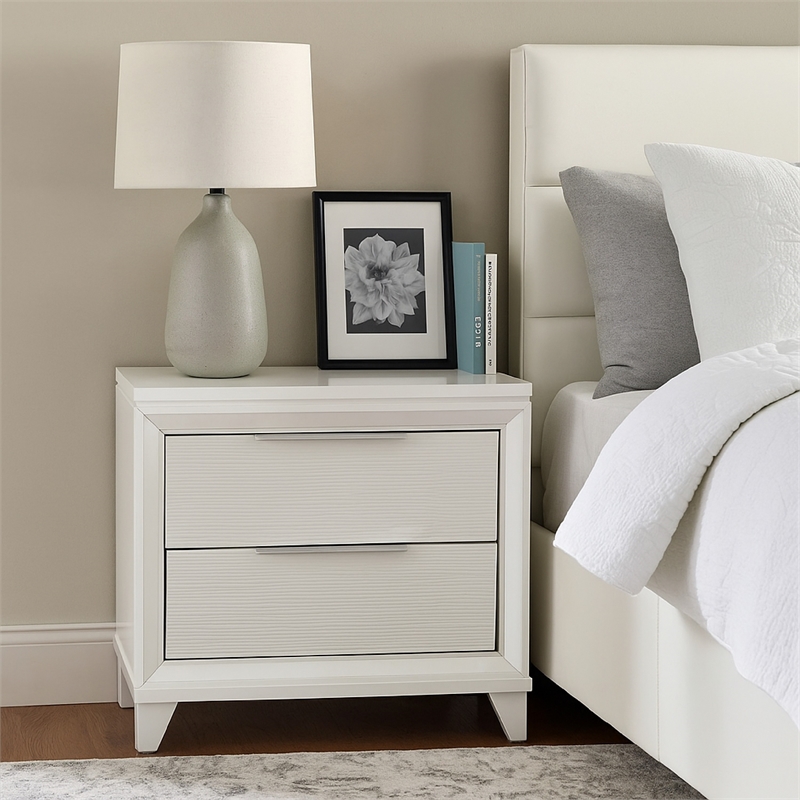 Benjara Ressy Nightstand with 2 Drawer- Silver Metal- Contemporary White Wood