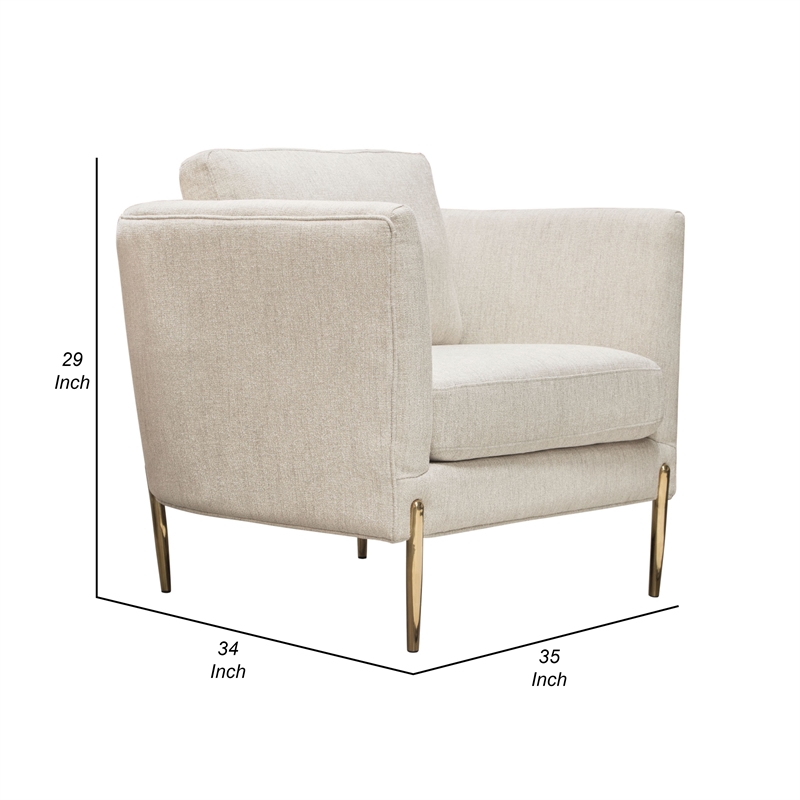 Benjara Meny Modern Accent Armchair- Light Cream Textured Fabric- Gold Metal