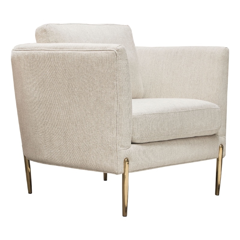 Benjara Meny Modern Accent Armchair- Light Cream Textured Fabric- Gold Metal