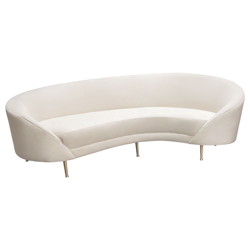 Benjara Dela Contoured Sofa in Contemporary Cream Velvet- Gold Metal Legs 100