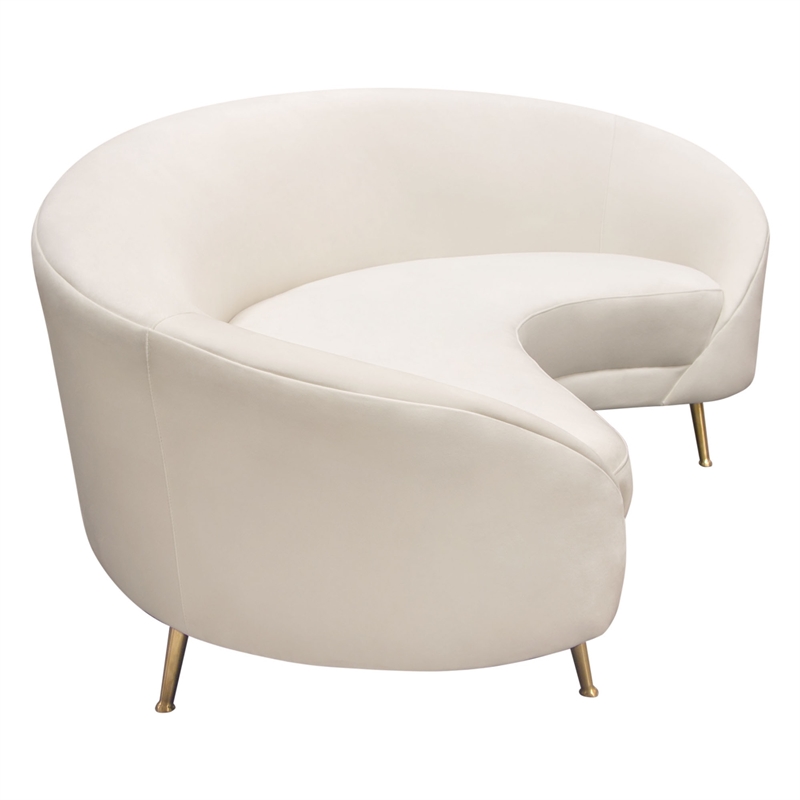 Benjara Dela Contoured Sofa in Contemporary Cream Velvet- Gold Metal Legs 100