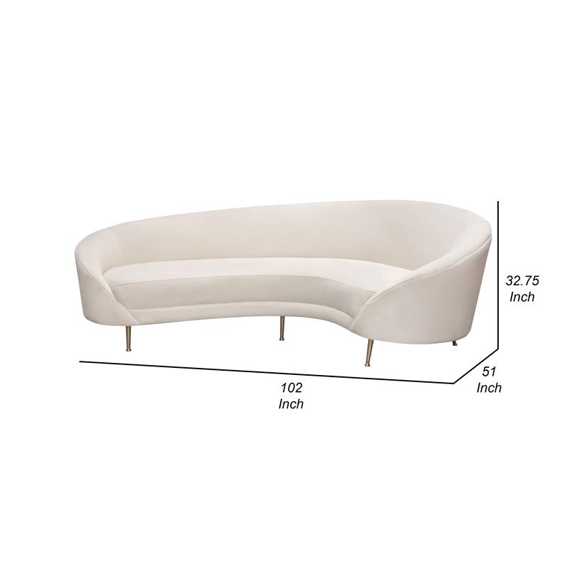 Benjara Dela Contoured Sofa in Contemporary Cream Velvet- Gold Metal Legs 100