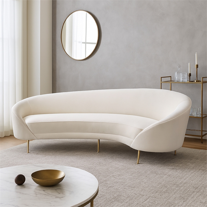 Benjara Dela Contoured Sofa in Contemporary Cream Velvet- Gold Metal Legs 100