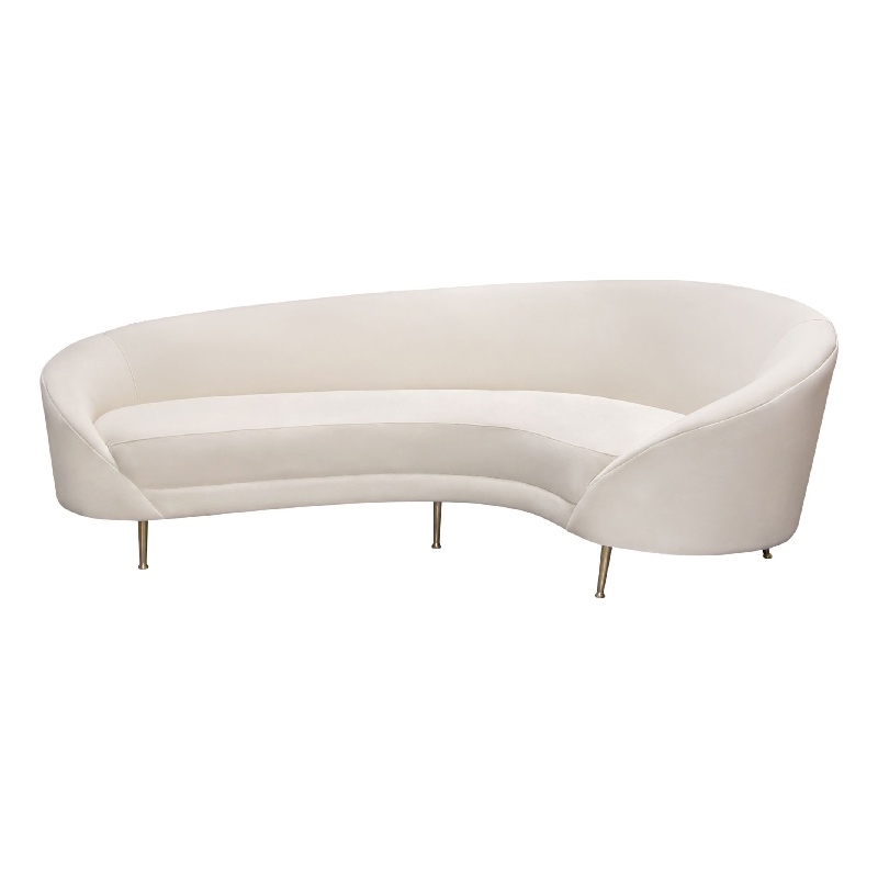 Benjara Dela Contoured Sofa in Contemporary Cream Velvet- Gold Metal Legs 100