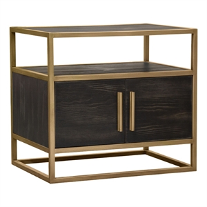 Benjara Chek 26&quot Side Table NightStand-2 Doors-1 Shelf- Dark Brown-Gold Steel