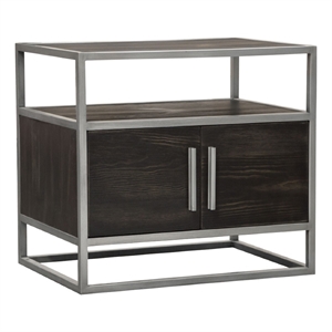Benjara Chek 26&quot Side Table NightStand-2 Doors-1 Shelf- Dark Brown-Silver Steel