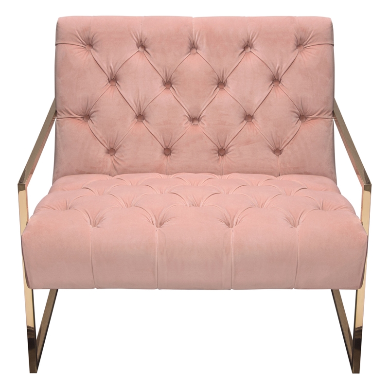Benjara Masy Accent Armchair- Diamond Tufted Blush Pink Velvet- Gold Steel