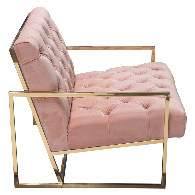 Benjara Masy Accent Armchair- Diamond Tufted Blush Pink Velvet- Gold Steel