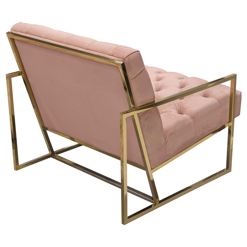 Benjara Masy Accent Armchair- Diamond Tufted Blush Pink Velvet- Gold Steel