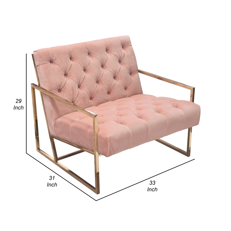 Benjara Masy Accent Armchair- Diamond Tufted Blush Pink Velvet- Gold Steel
