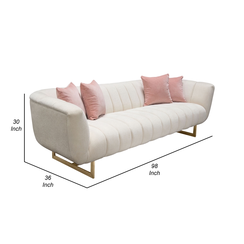 Benjara Eva Sofa with 4 Pink Accent Pillows- Cream and Gold Metal Base 98 Inch
