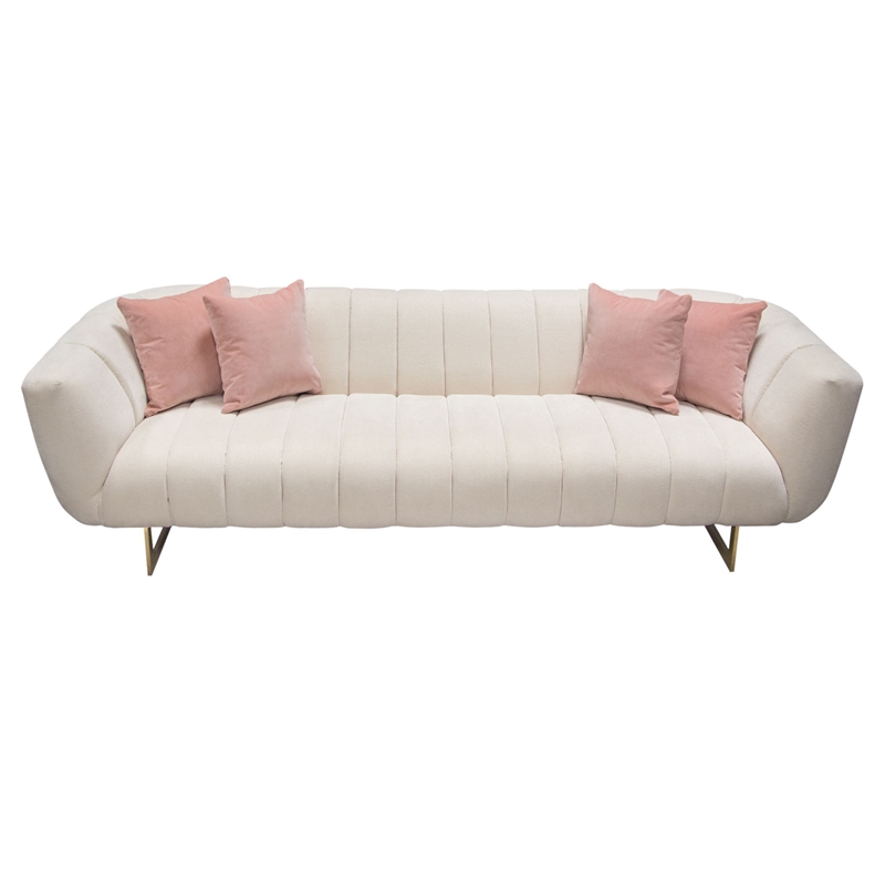 Benjara Eva Sofa with 4 Pink Accent Pillows- Cream and Gold Metal Base 98 Inch