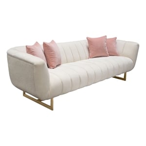 Benjara Eva Sofa with 4 Pink Accent Pillows- Cream and Gold Metal Base 98 Inch