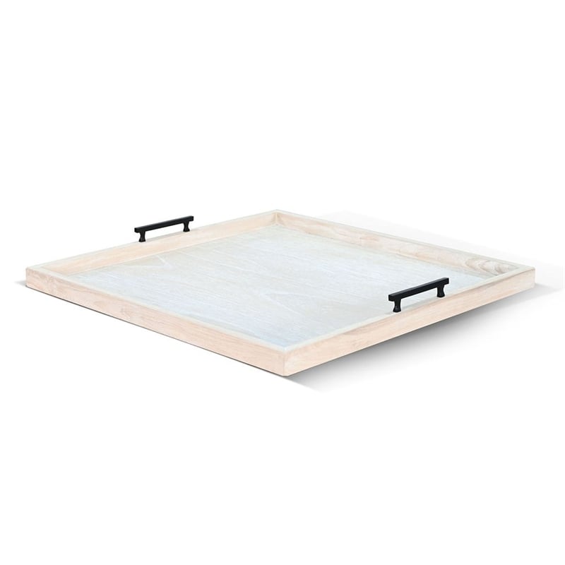 Benjara Yela Decorative Tray- 27x27 Square with Black Handles- Natural Brown