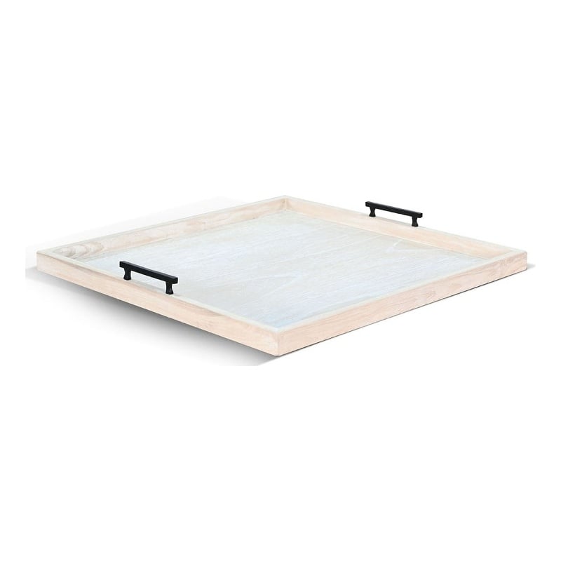 Benjara Yela Decorative Tray- 27x27 Square with Black Handles- Natural Brown