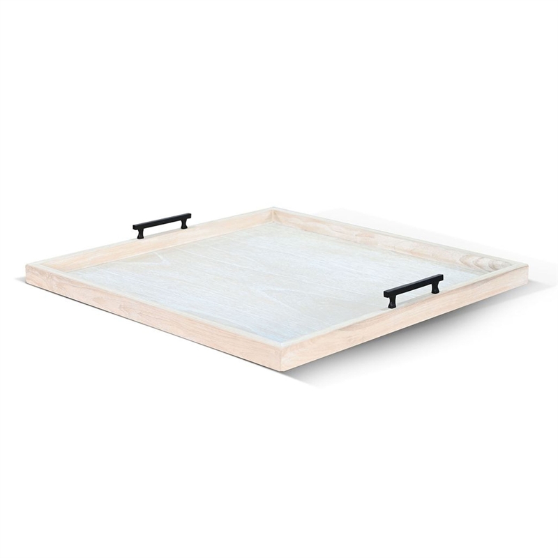 Benjara Yela Decorative Tray- 27x27 Square with Black Handles- Natural Brown