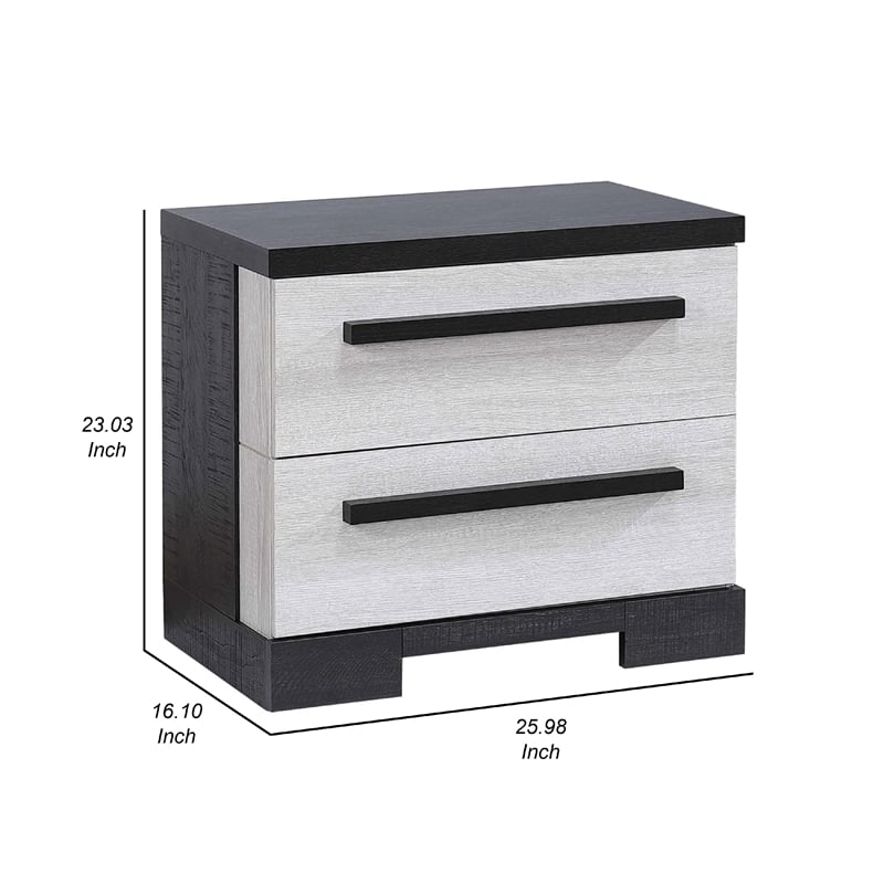 Benjara Ruthe Nightstand with 2 Drawers- Wide Top- Ebony Black- White Wood