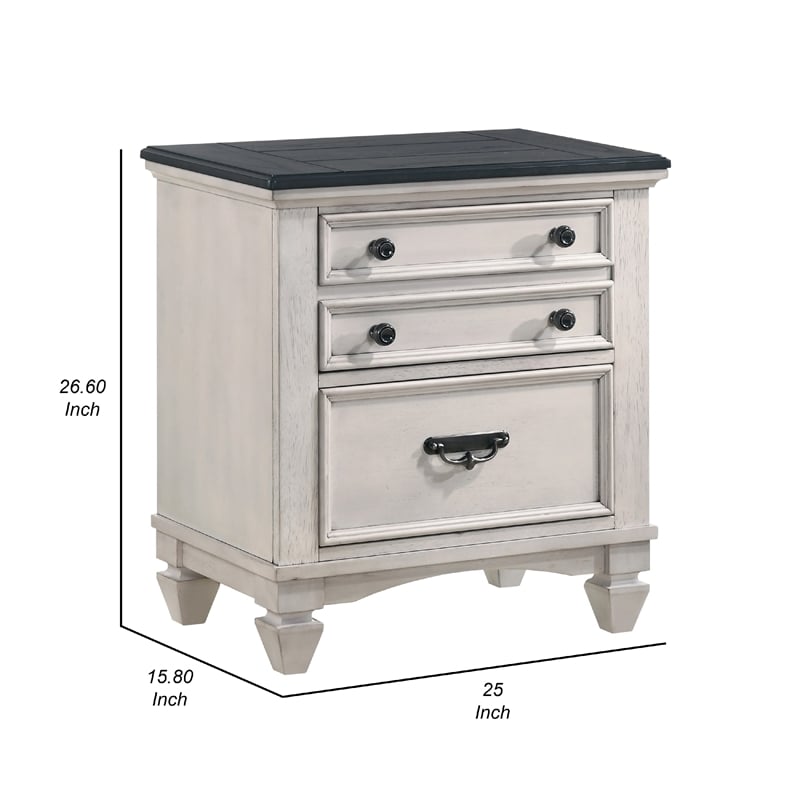 Benjara Sawz Nightstand with 3 Drawers- Charcoal Plank Top- Light Gray Wood