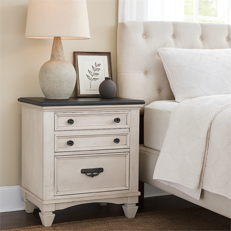 Benjara Sawz Nightstand with 3 Drawers- Charcoal Plank Top- Light Gray Wood